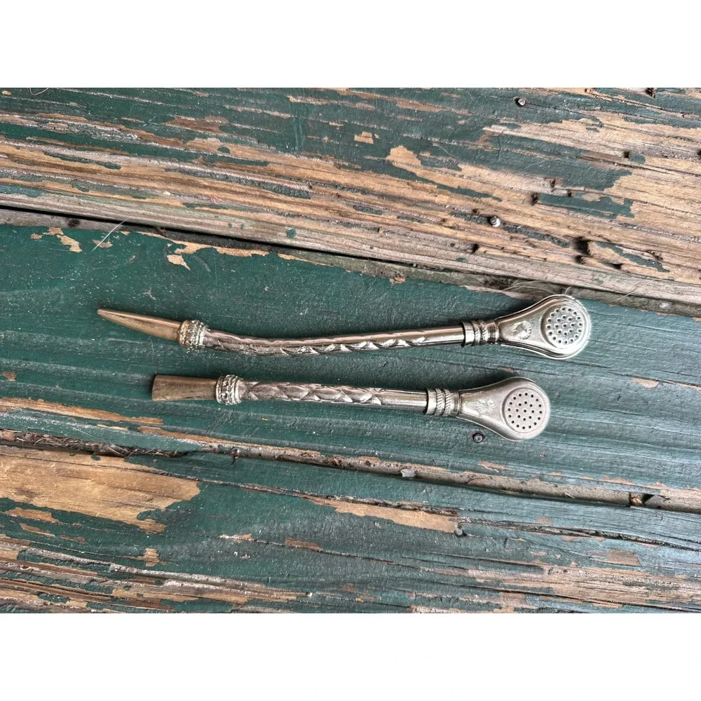 Vintage Alpaca Silver Yerba Mate Bombilla Tea Straws Set of 2 Chased Floral 8